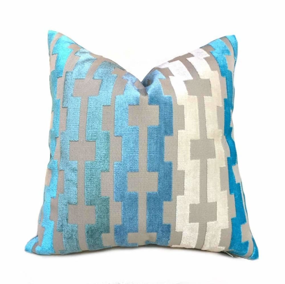 Marlow Aqua Turquoise Blue Beige Cream Modern Velvet Geometric Stripe  Pillow Cover (Special Order Fabric)
