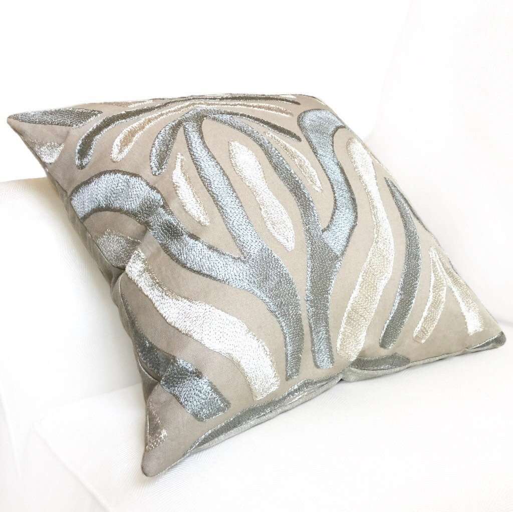 Designer Embroidered Ethnic Tribal Motif Silvery Beige Gray Tan Pillow –  Aloriam