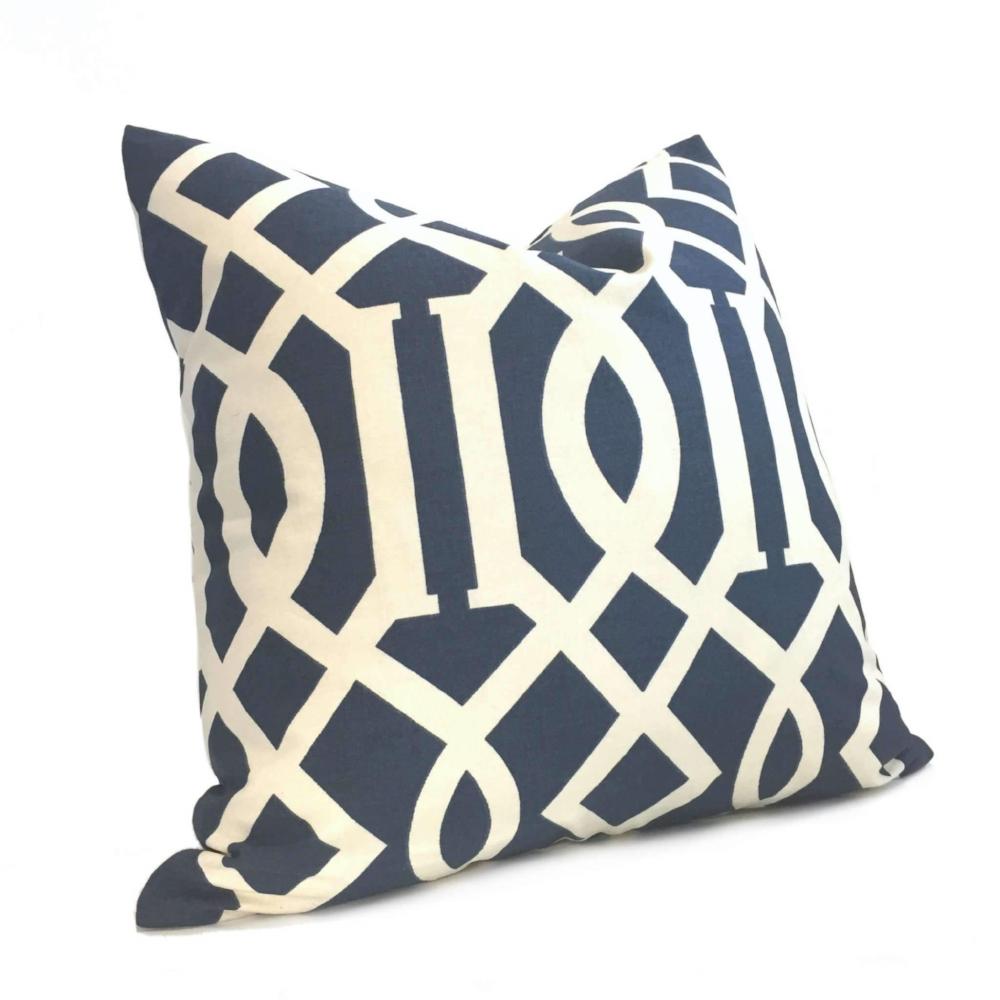 Throw Pillows Covers Navy Blue and Cream, Trellis Pattern Pillows