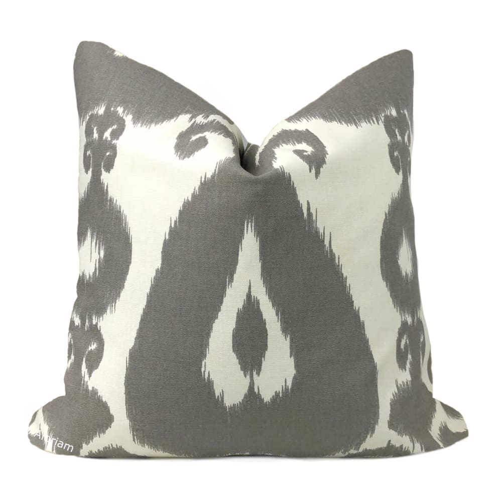 Gray Creamy White Large Scale Ikat Ethnic Cotton Print Pillow