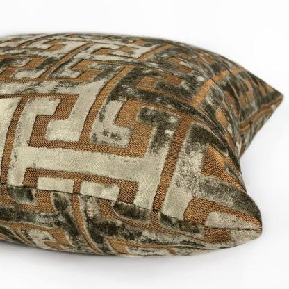 Centurion Greek Key Fretwork Taupe Bronze Cut Velvet Pillow Cover (Fabric by the Yard available) - Aloriam