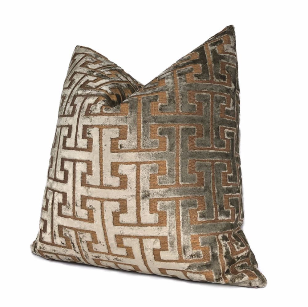 Centurion Greek Key Fretwork Taupe Bronze Cut Velvet Pillow Cover (Fabric by the Yard available) - Aloriam