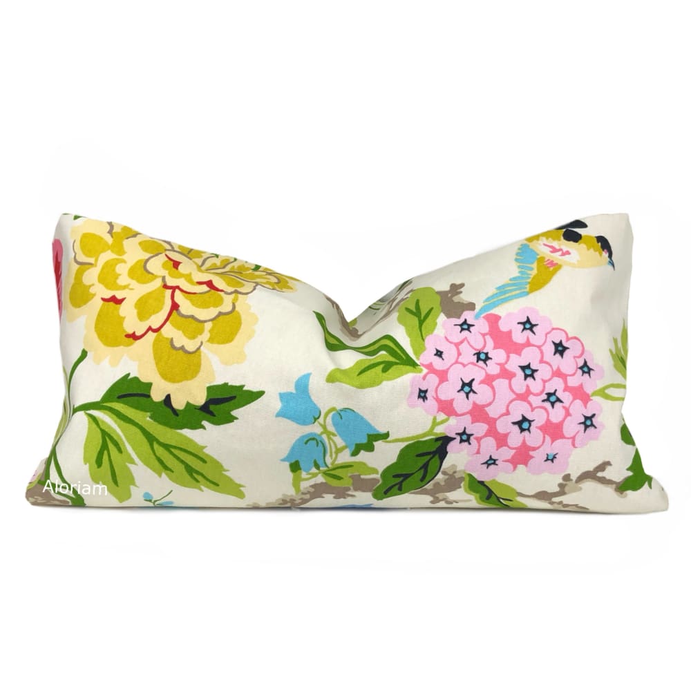 Chloe Blue Yellow Green Pink Cream Floral Birds Print Pillow Cover - Aloriam