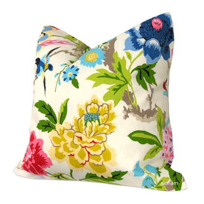 Chloe Blue Yellow Green Pink Cream Floral Birds Print Pillow Cover - Aloriam