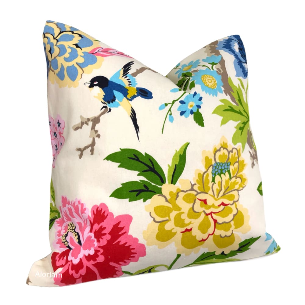 Chloe Blue Yellow Green Pink Cream Floral Birds Print Pillow Cover - Aloriam