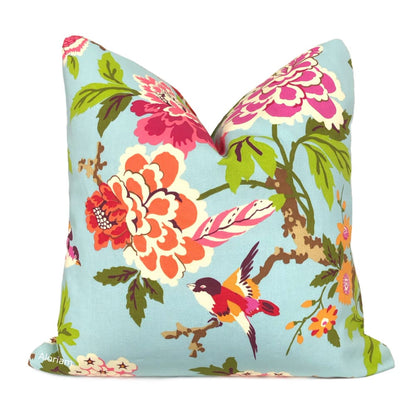 Chloe III Blue Orange Pink Green Floral Birds Print Pillow Cover - Aloriam