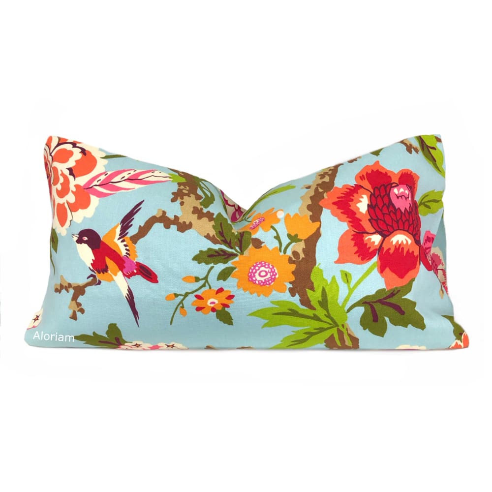 Chloe III Blue Orange Pink Green Floral Birds Print Pillow Cover - Aloriam