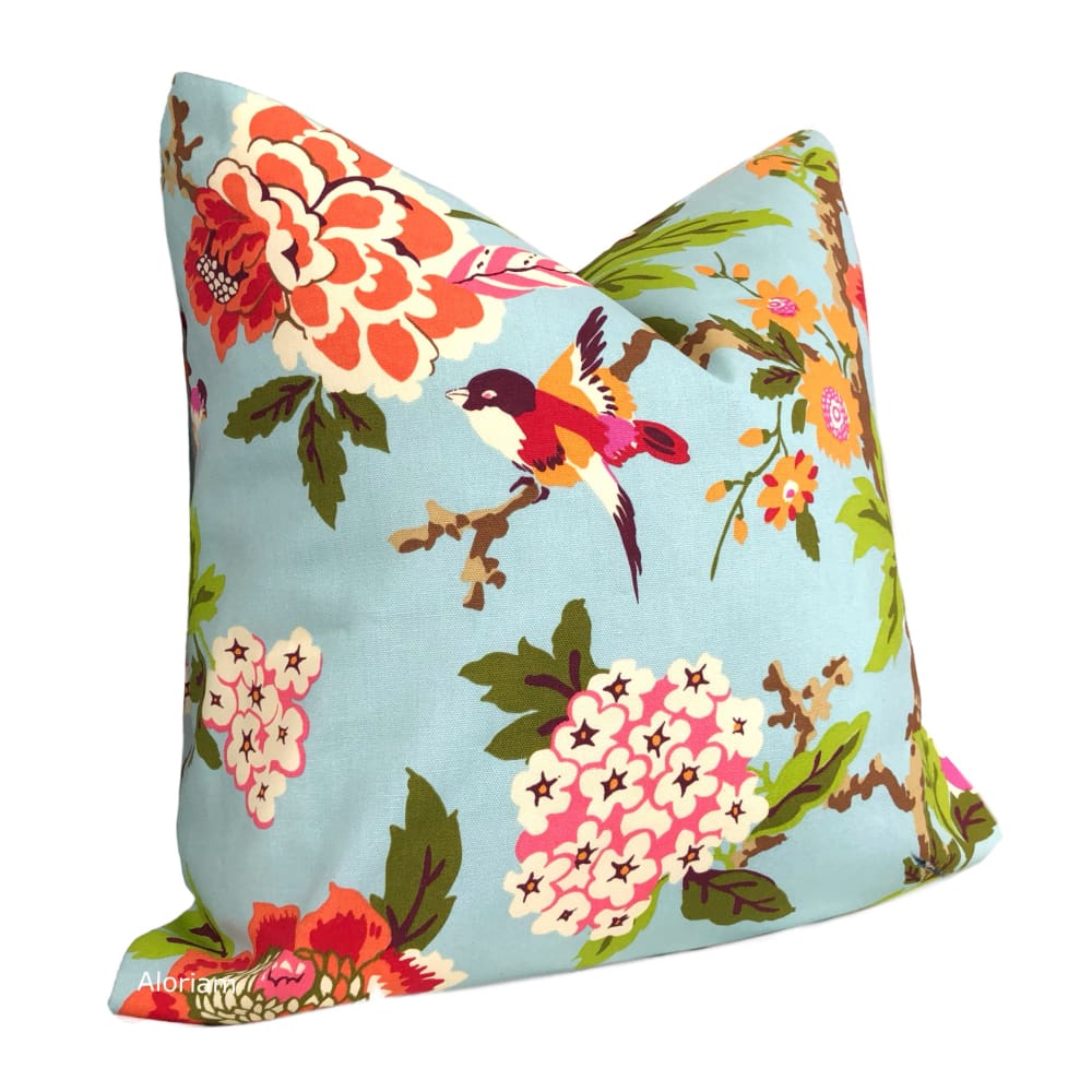 Chloe III Blue Orange Pink Green Floral Birds Print Pillow Cover - Aloriam