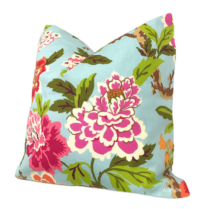 Chloe III Blue Orange Pink Green Floral Birds Print Pillow Cover - Aloriam