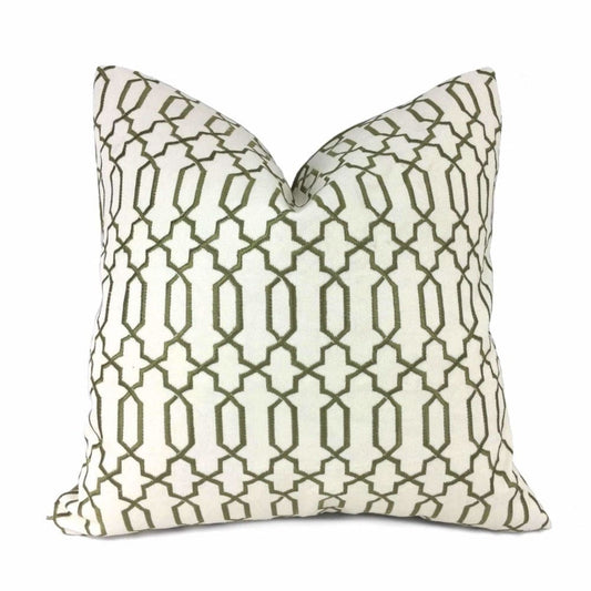 (CLEARANCE) Elysa Green Olive & Cream Embroidered Geometric Fretwork Lattice Pillow Cover - Fits 12x24 insert (11.5x23 cover) / Pattern