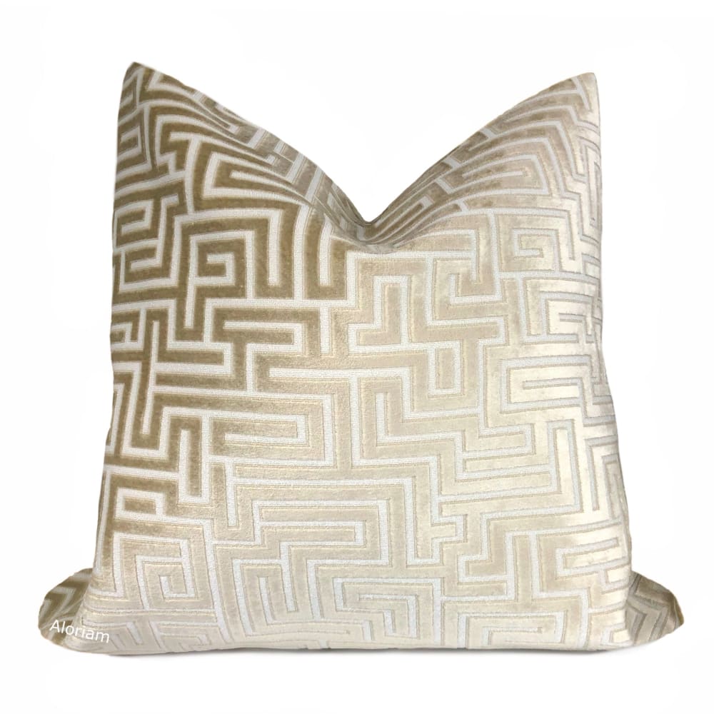 Eugene Champagne Cream Greek Key Velvet Pillow Cover - Aloriam