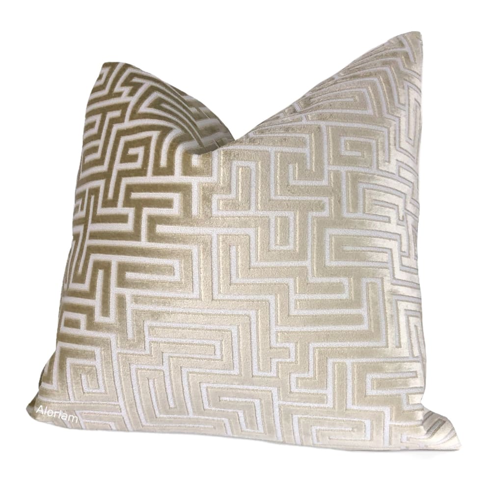 Eugene Champagne Cream Greek Key Velvet Pillow Cover - Aloriam