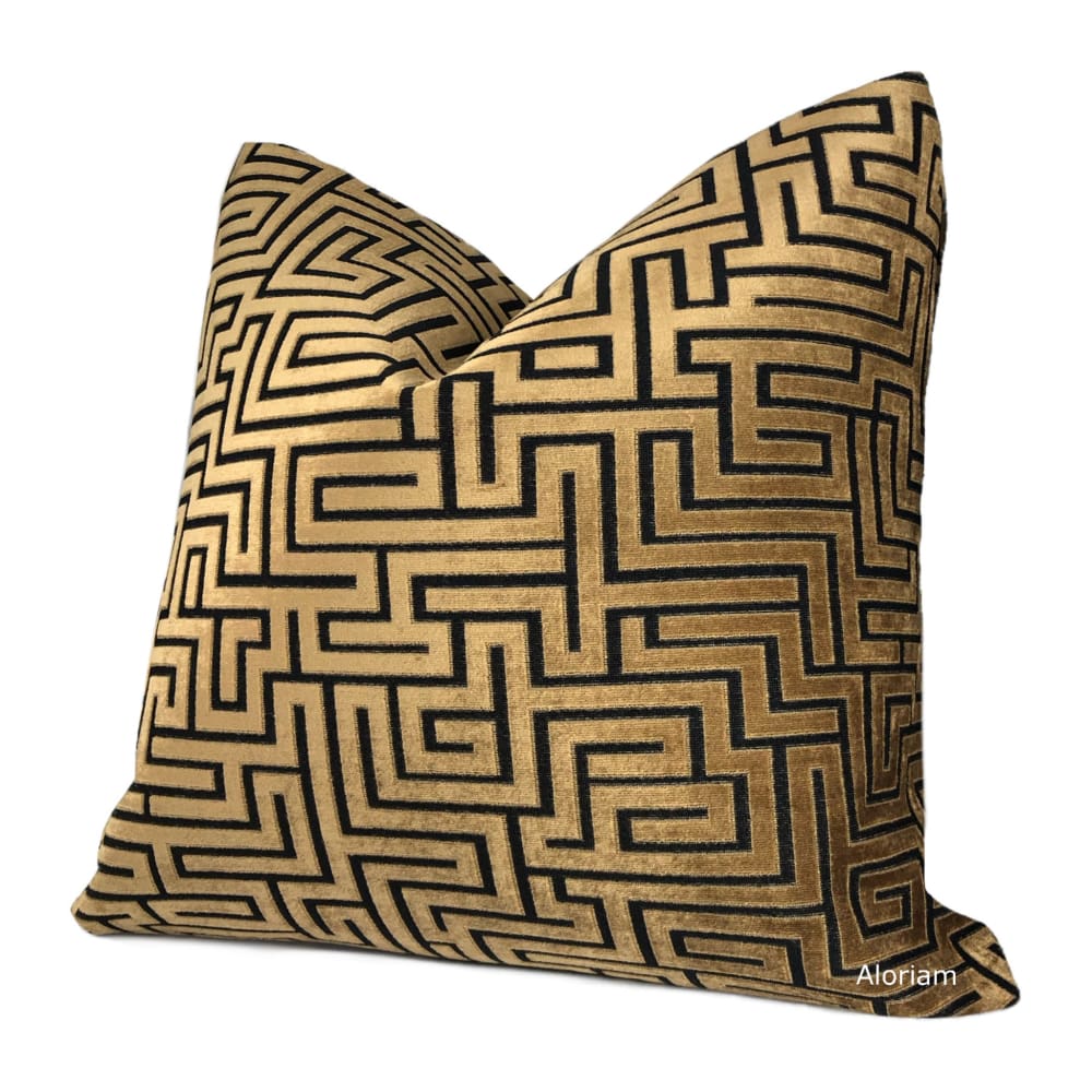 Eugene Copper Brown Black Greek Key Velvet Pillow Cover - Aloriam