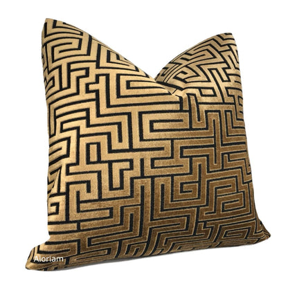 Eugene Copper Brown Black Greek Key Velvet Pillow Cover - Aloriam