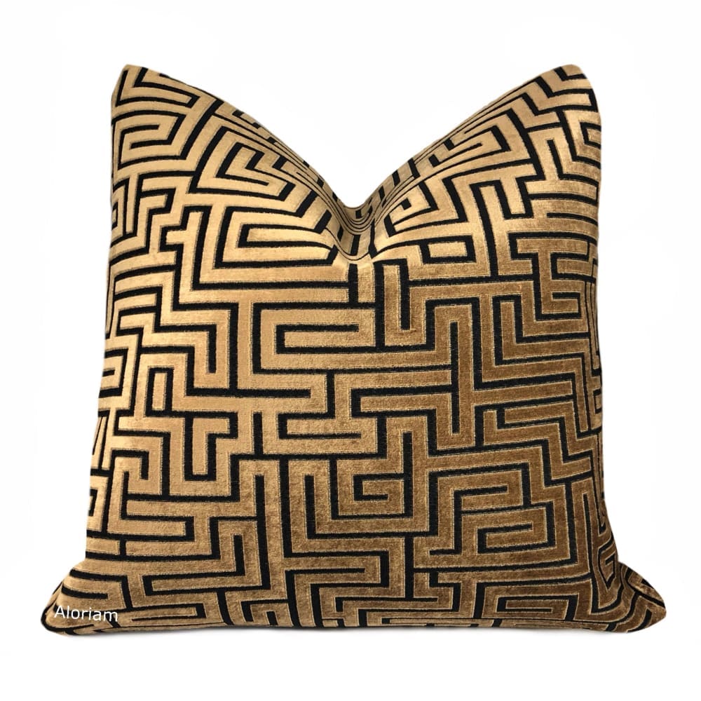 Eugene Copper Brown Black Greek Key Velvet Pillow Cover - Aloriam