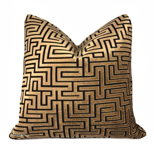 Eugene Copper Brown Black Greek Key Velvet Pillow Cover - Aloriam