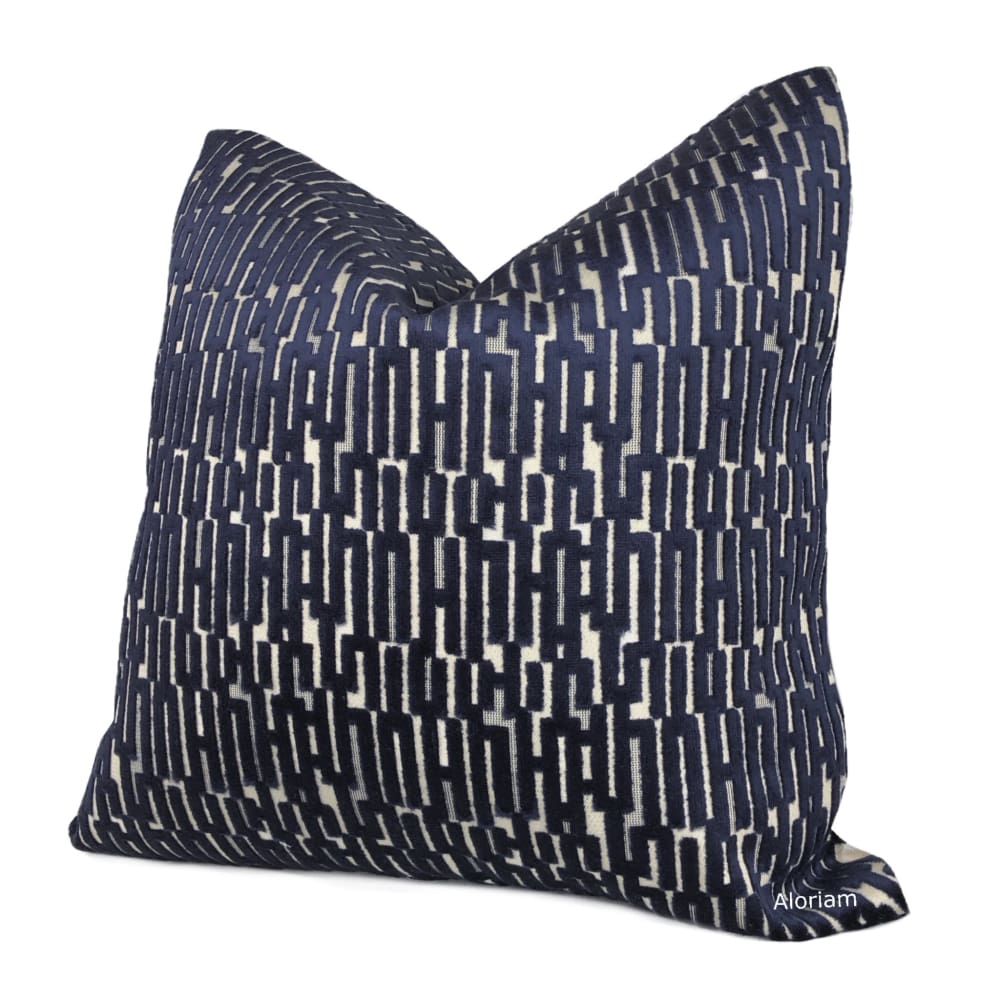 Lincoln Dark Ink Blue Geometric Velvet Pillow Cover - Aloriam