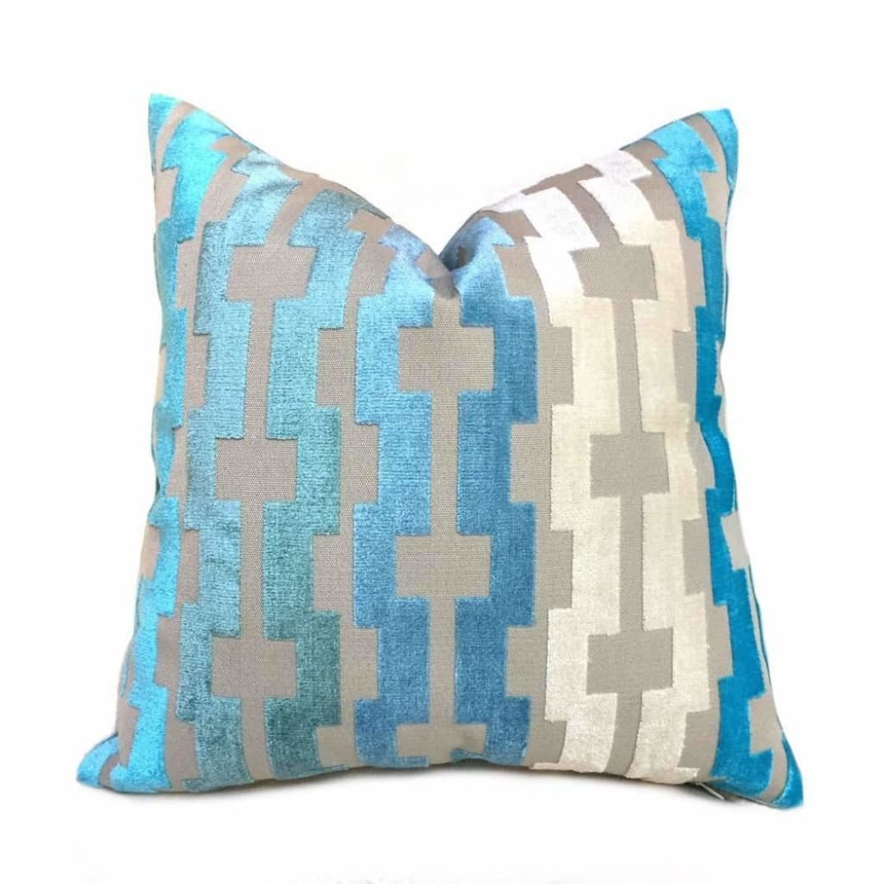 Marlow Aqua Turquoise Blue Beige Cream Modern Velvet Geometric Stripe Pillow Cover Cushion Pillow Case Euro Sham 16x16 18x18 20x20 22x22 24x24 26x26 28x28 Lumbar Pillow 12x18 12x20 12x24 14x20 16x26 by Aloriam