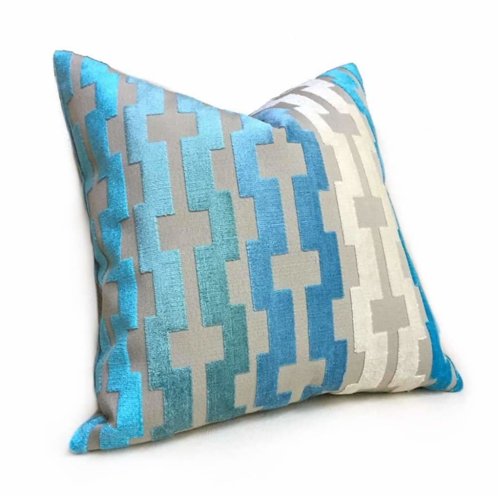 Marlow Aqua Turquoise Blue Beige Cream Modern Velvet Geometric Stripe Pillow Cover Cushion Pillow Case Euro Sham 16x16 18x18 20x20 22x22 24x24 26x26 28x28 Lumbar Pillow 12x18 12x20 12x24 14x20 16x26 by Aloriam