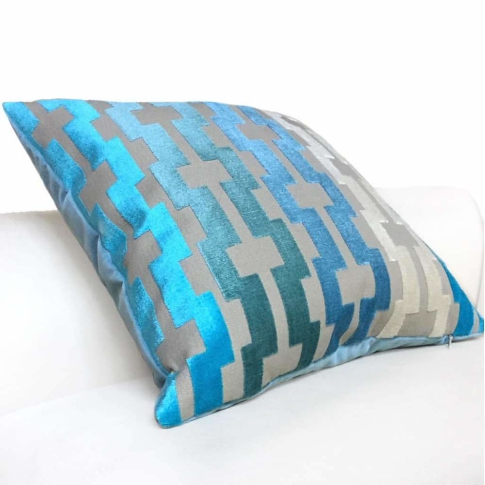 Geometric Velvet Pillow Cover with Orange, Blue & Off White Colours, Front side is 100% Silk Velvet, Back side is Blue Fabric, popular OEKO-TEX®