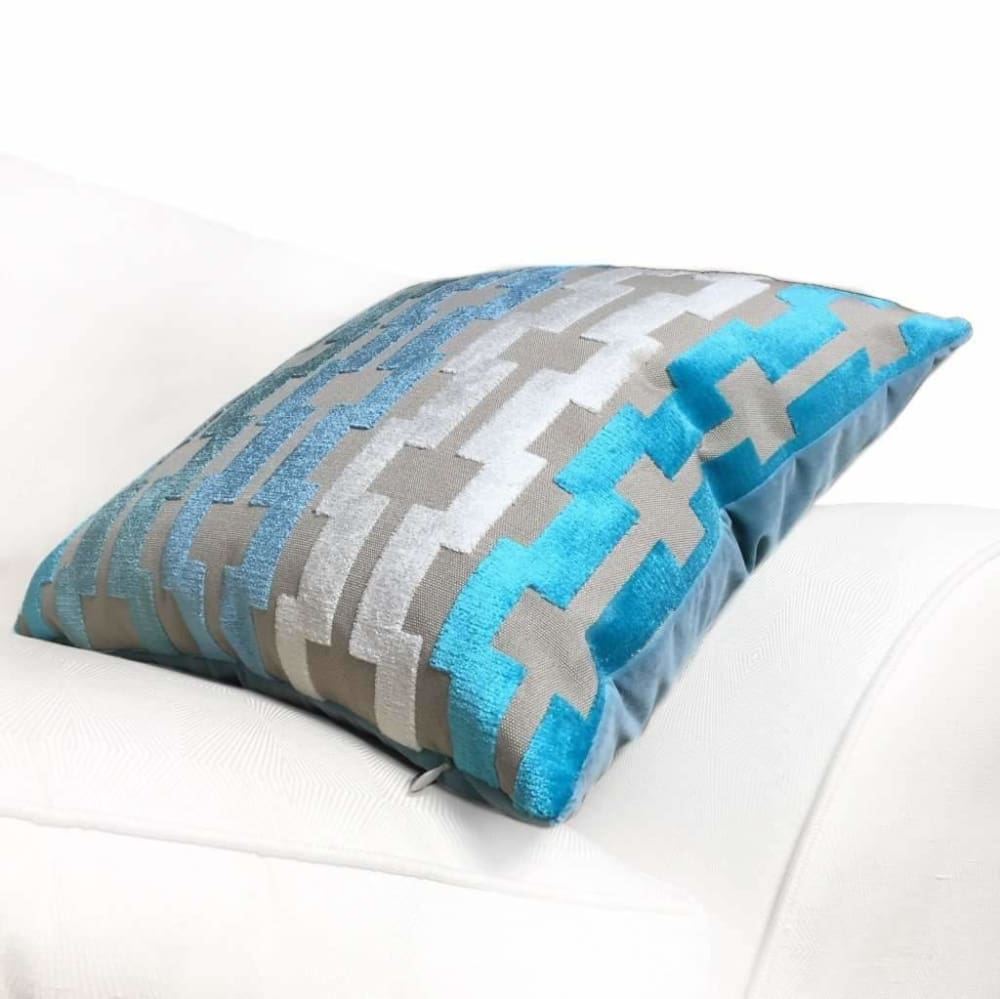 Marlow Aqua Turquoise Blue Beige Cream Modern Velvet Geometric Stripe Pillow Cover Cushion Pillow Case Euro Sham 16x16 18x18 20x20 22x22 24x24 26x26 28x28 Lumbar Pillow 12x18 12x20 12x24 14x20 16x26 by Aloriam