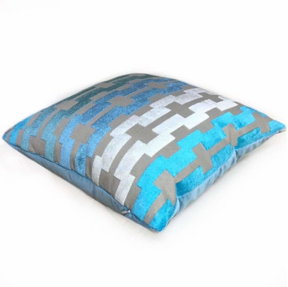 Marlow Aqua Turquoise Blue Beige Cream Modern Velvet Geometric Stripe Pillow Cover Cushion Pillow Case Euro Sham 16x16 18x18 20x20 22x22 24x24 26x26 28x28 Lumbar Pillow 12x18 12x20 12x24 14x20 16x26 by Aloriam