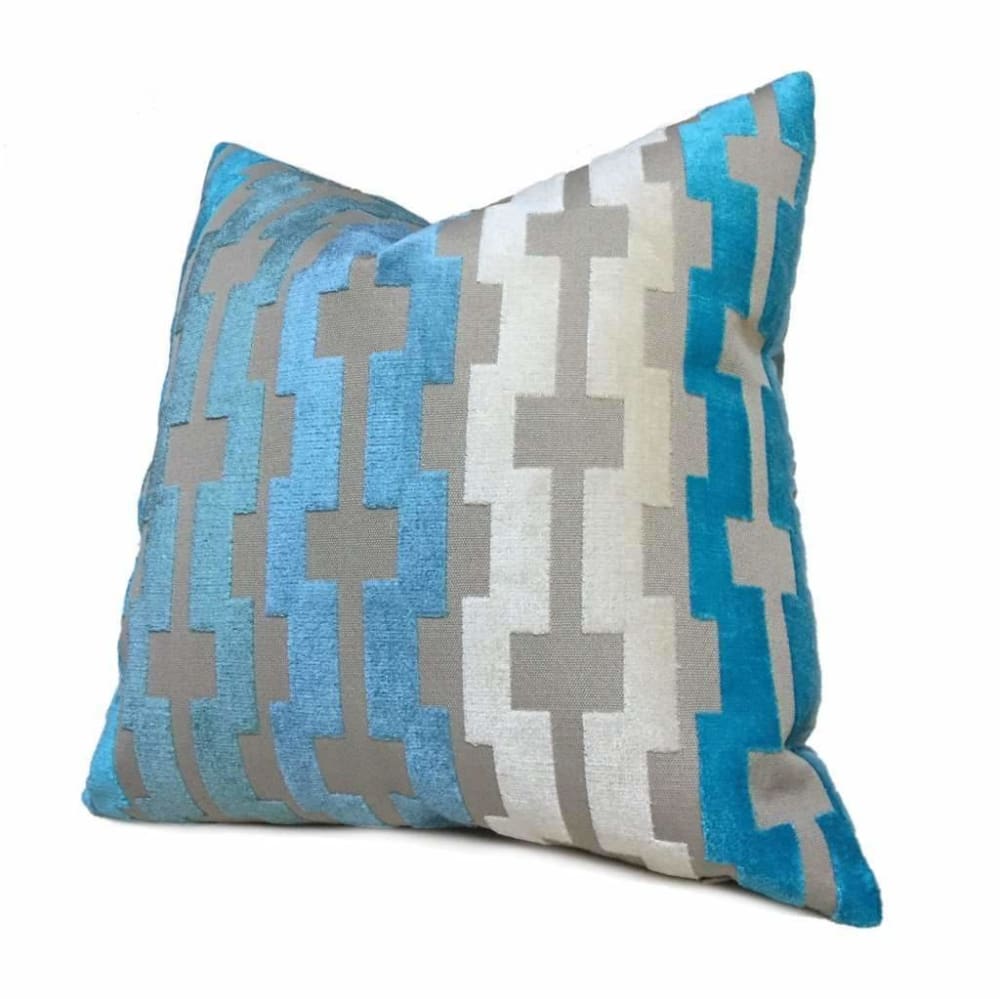 Marlow Aqua Turquoise Blue Beige Cream Modern Velvet Geometric Stripe Pillow Cover Cushion Pillow Case Euro Sham 16x16 18x18 20x20 22x22 24x24 26x26 28x28 Lumbar Pillow 12x18 12x20 12x24 14x20 16x26 by Aloriam