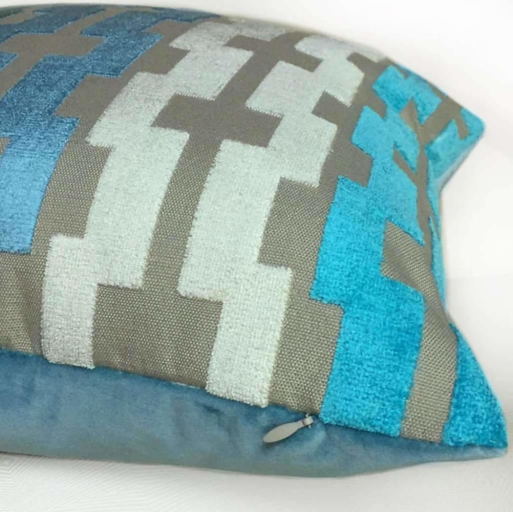 Marlow Aqua Turquoise Blue Beige Cream Modern Velvet Geometric Stripe Pillow Cover Cushion Pillow Case Euro Sham 16x16 18x18 20x20 22x22 24x24 26x26 28x28 Lumbar Pillow 12x18 12x20 12x24 14x20 16x26 by Aloriam