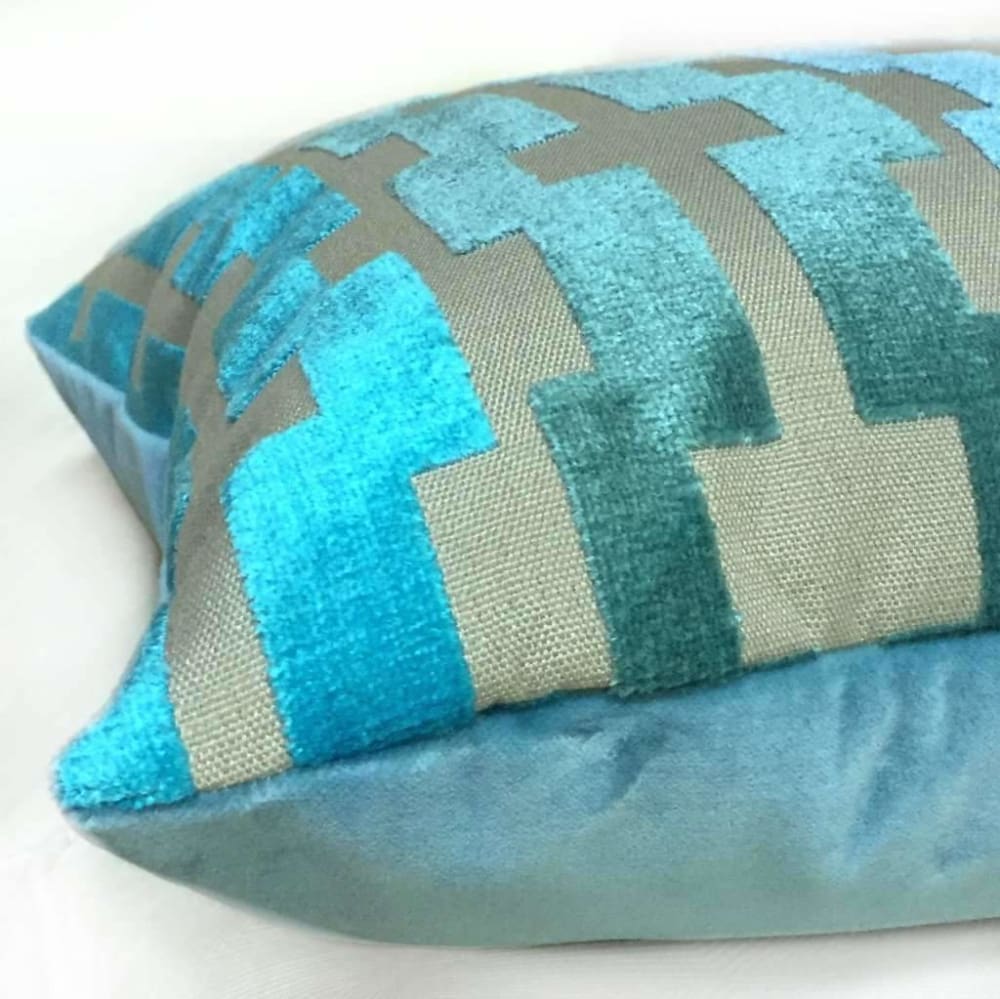 Aloriam Marlow Aqua Turquoise Blue Beige Cream Modern Velvet Geometric Stripe Pillow Cover Special Order Fabric Fits 14x18 Insert 13.5x17 Cover Pattern