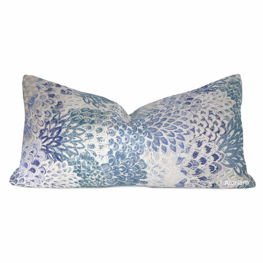 Robert Allen Feather Fans Floral Brocade Cobalt Blue Gray Pillow Cover - Aloriam