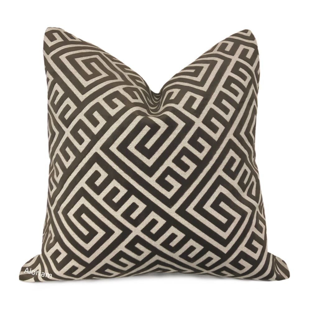 Thebes Brown Beige Greek Key Velvet Pillow Cover - Aloriam