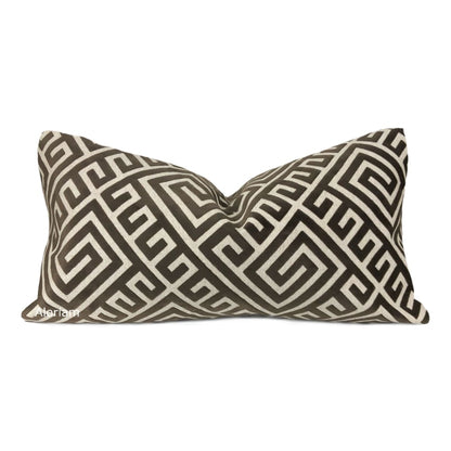 Thebes Brown Beige Greek Key Velvet Pillow Cover - Aloriam