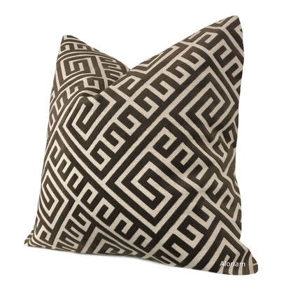 Thebes Brown Beige Greek Key Velvet Pillow Cover - Aloriam