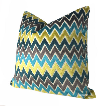 Jeremy Teal Blue Yellow Turquoise Charcoal Chevron Velvet Pillow Cover (Fabric by the Yard available)