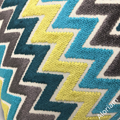 Jeremy Teal Blue Yellow Turquoise Charcoal Chevron Velvet Pillow Cover (Fabric by the Yard available)