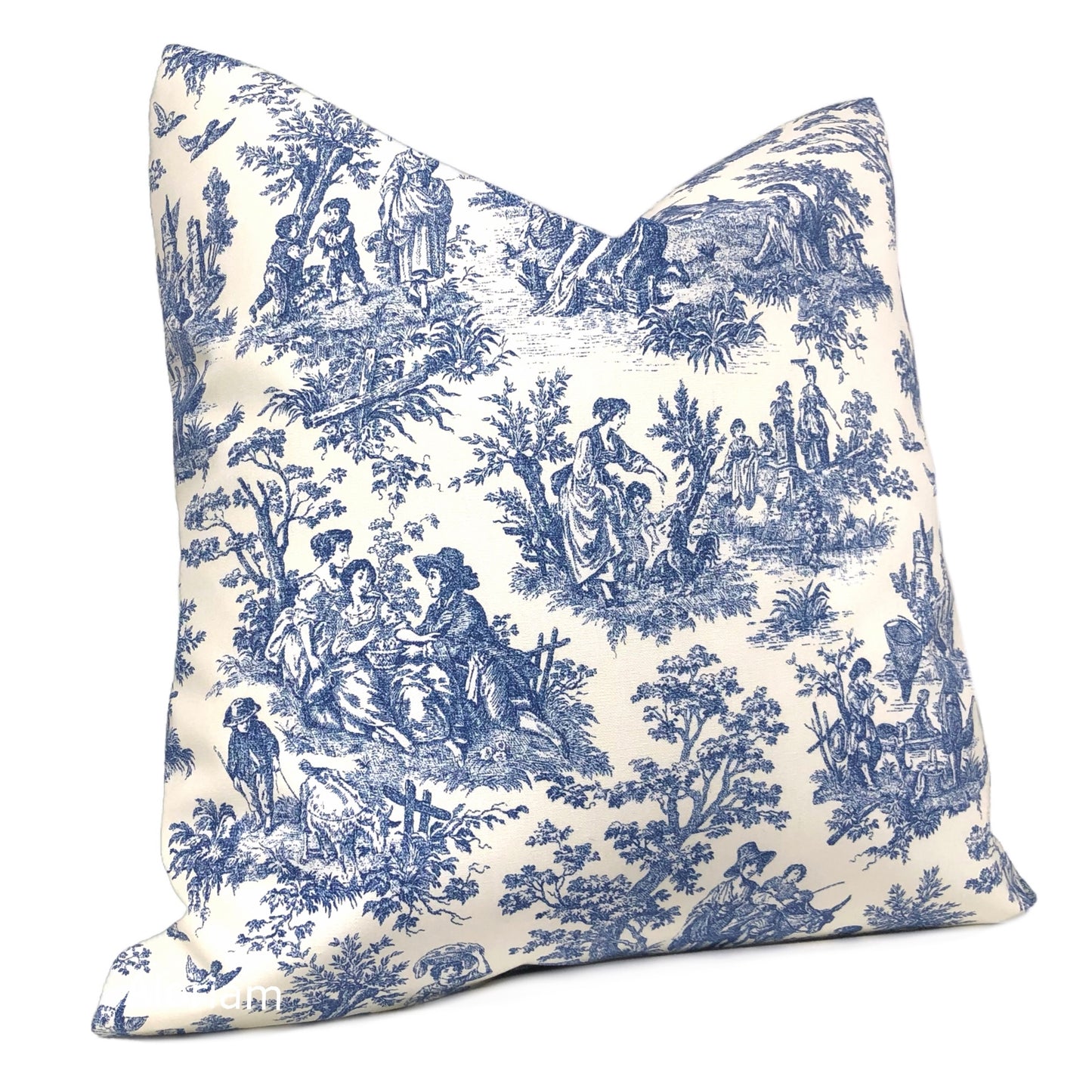 French Country Cream Blue Toile Print Pillow Cover