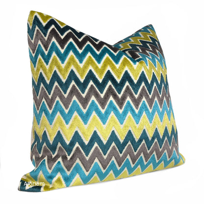 Jeremy Teal Blue Yellow Turquoise Charcoal Chevron Velvet Pillow Cover (Fabric by the Yard available)