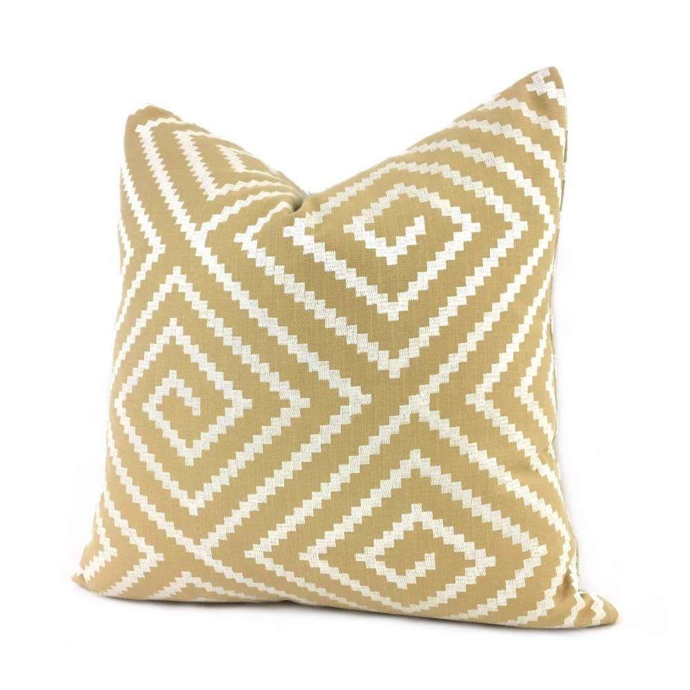 Embroidered Pearl White on Tan Greek Key Maze Lumbar Pillow 12x18 12x20 12x24 14x20 16x26