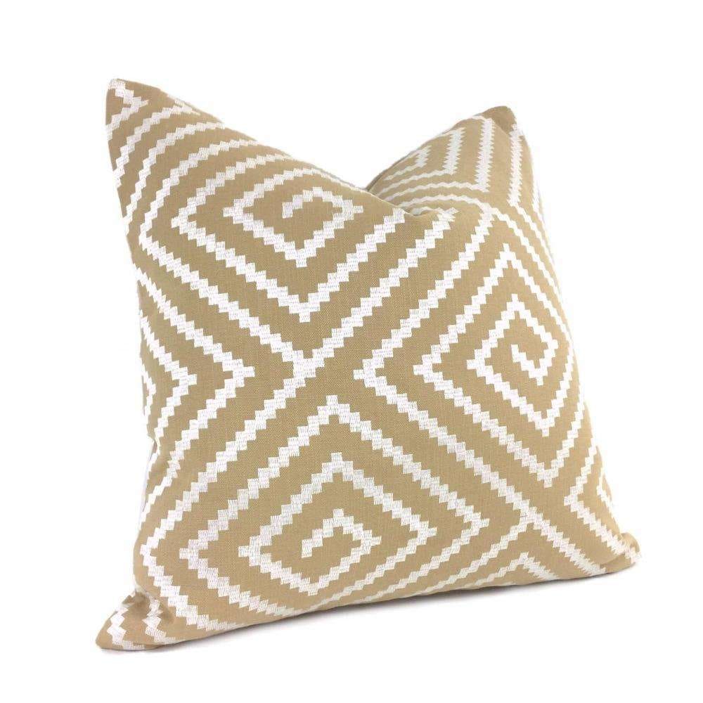 Embroidered Pearl White on Tan Greek Key Maze Pillow Case Euro Sham 24x24 26x26 28x28