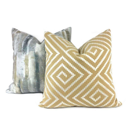 Agamemnon Embroidered Pearl White on Tan Greek Key Maze Pillow Cover Cushion Pillow Case Euro Sham 16x16 18x18 20x20 22x22 24x24 26x26 28x28 Lumbar Pillow 12x18 12x20 12x24 14x20 16x26 by Aloriam