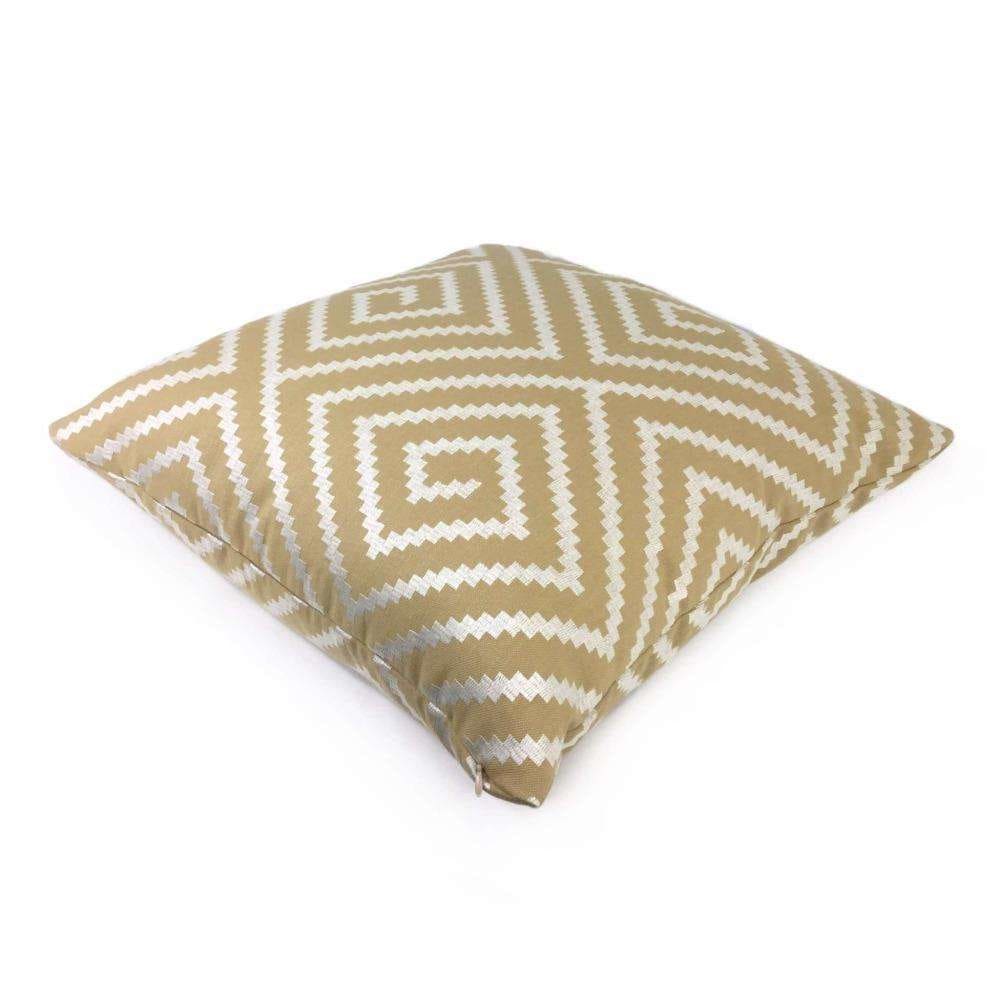 Embroidered Pearl White on Tan Greek Key Maze Cushion