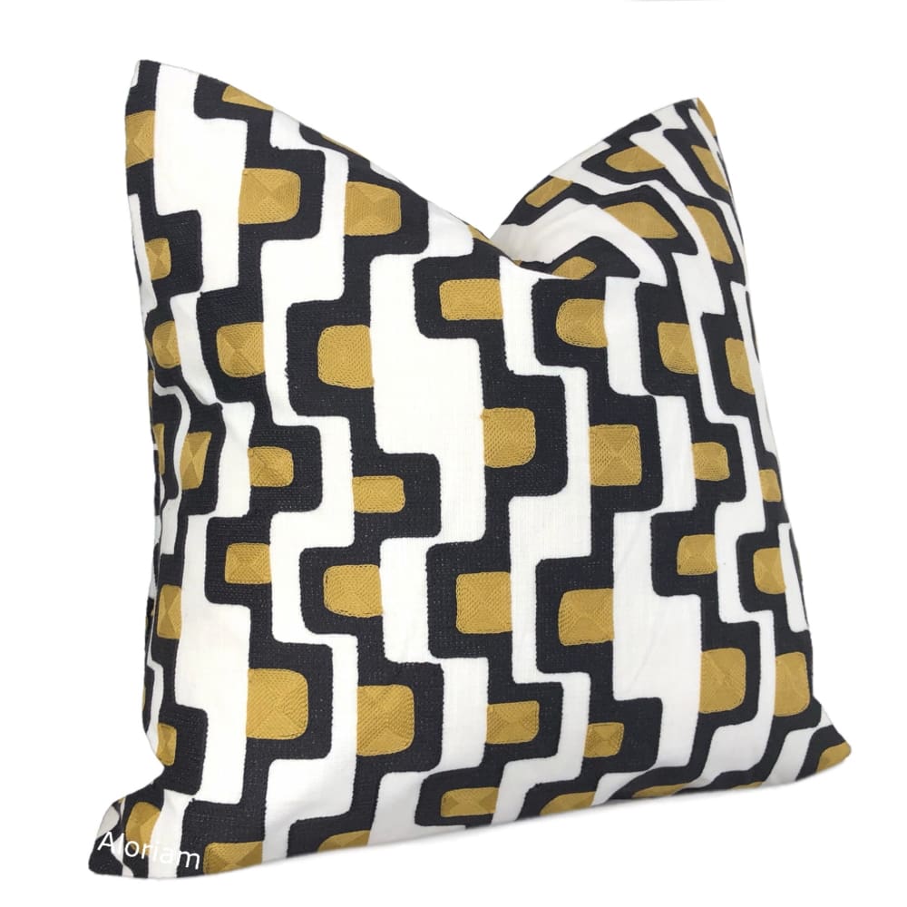 Aldo Black Gold White Mid-Century Modern Embroidered Pillow Cover - Aloriam