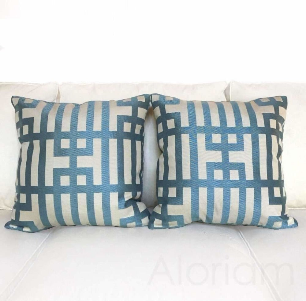 Embroidered Aqua Blue, Green and Ivory Geometric Pillow Covers / Designer Fabric / Fits 12 2024 x 24 Insert