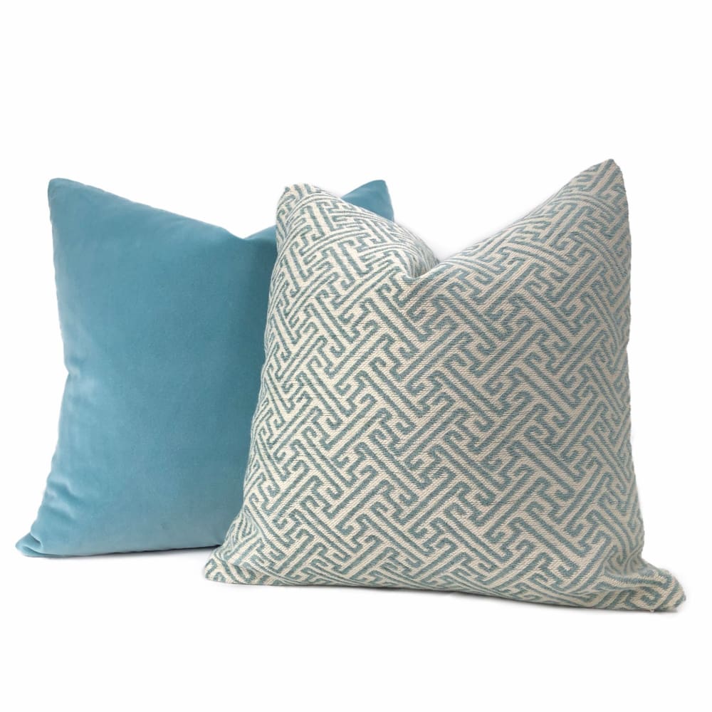 Atlas Greek Key Pool Blue Cream Geometric Pillow Cover - Aloriam