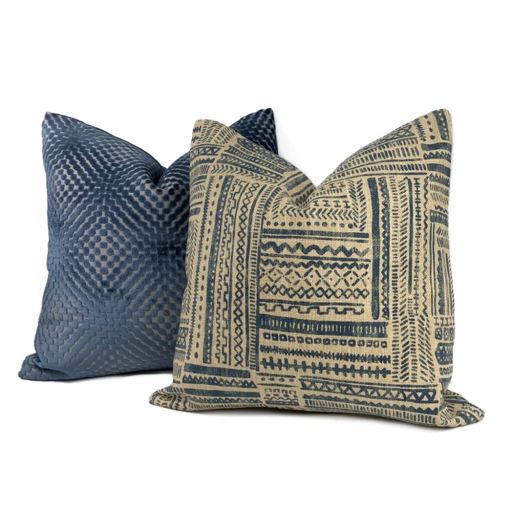 Banba African Ethnic Blue Tan Mudcloth Print Pillow Cover - Aloriam