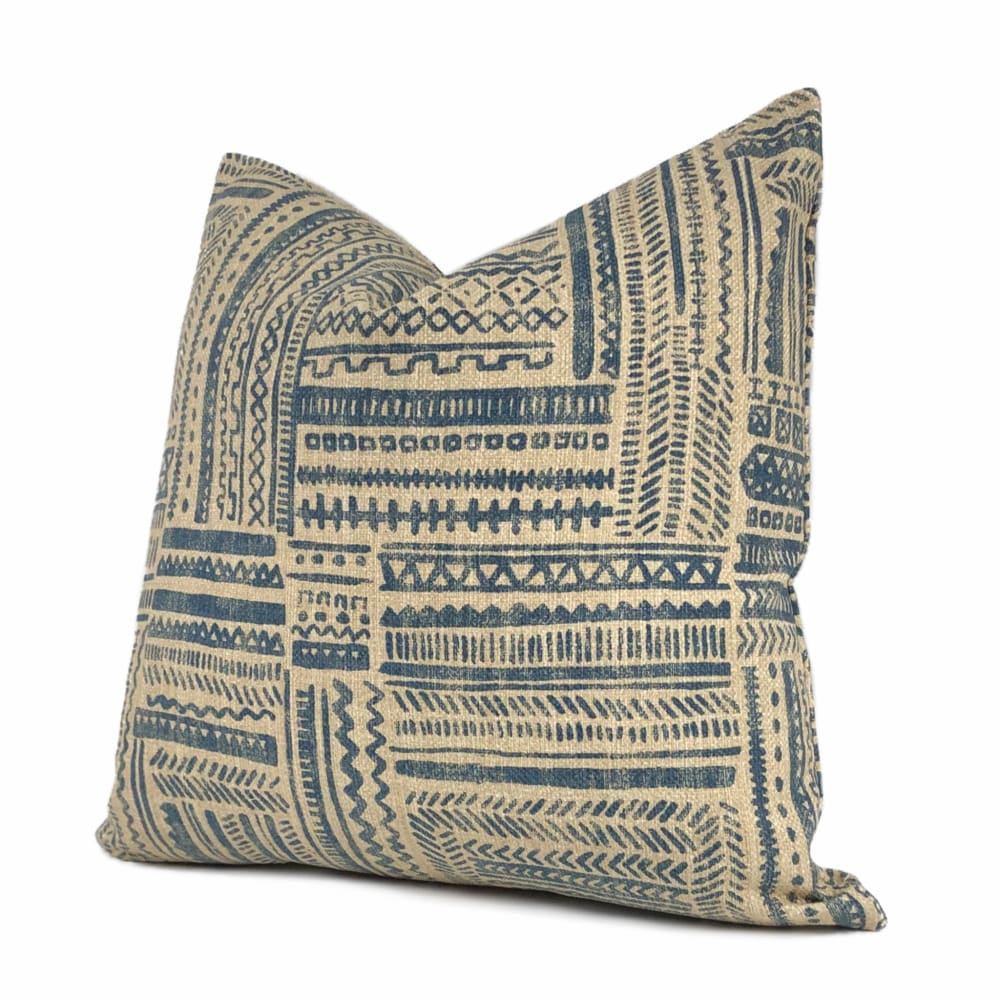 Banba African Ethnic Blue Tan Mudcloth Print Pillow Cover - Aloriam