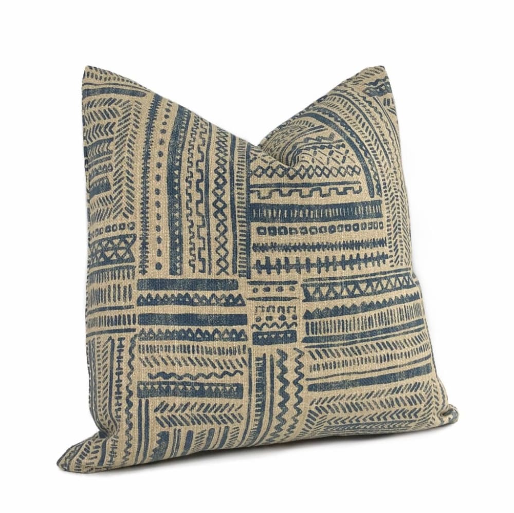 Banba African Ethnic Blue Tan Mudcloth Print Pillow Cover - Aloriam