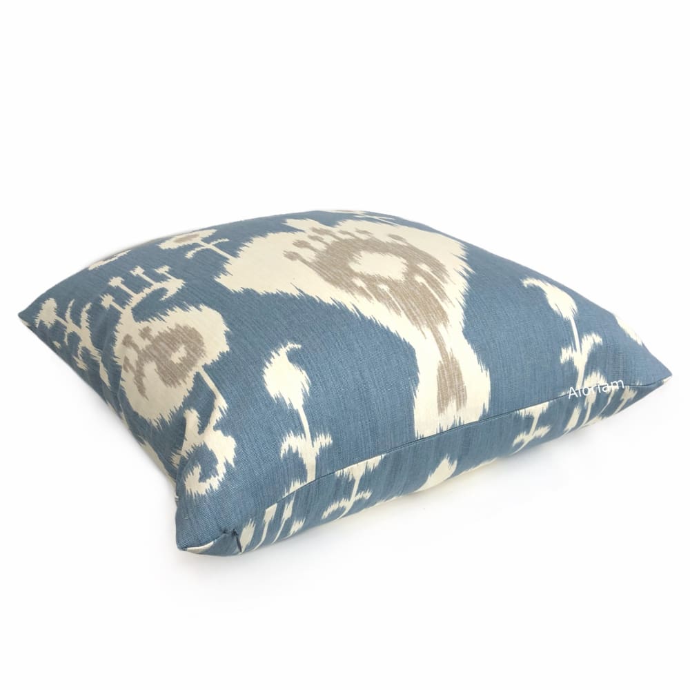 Batam Blue Cream Taupe Ikat Cotton Print Pillow Cover - Aloriam