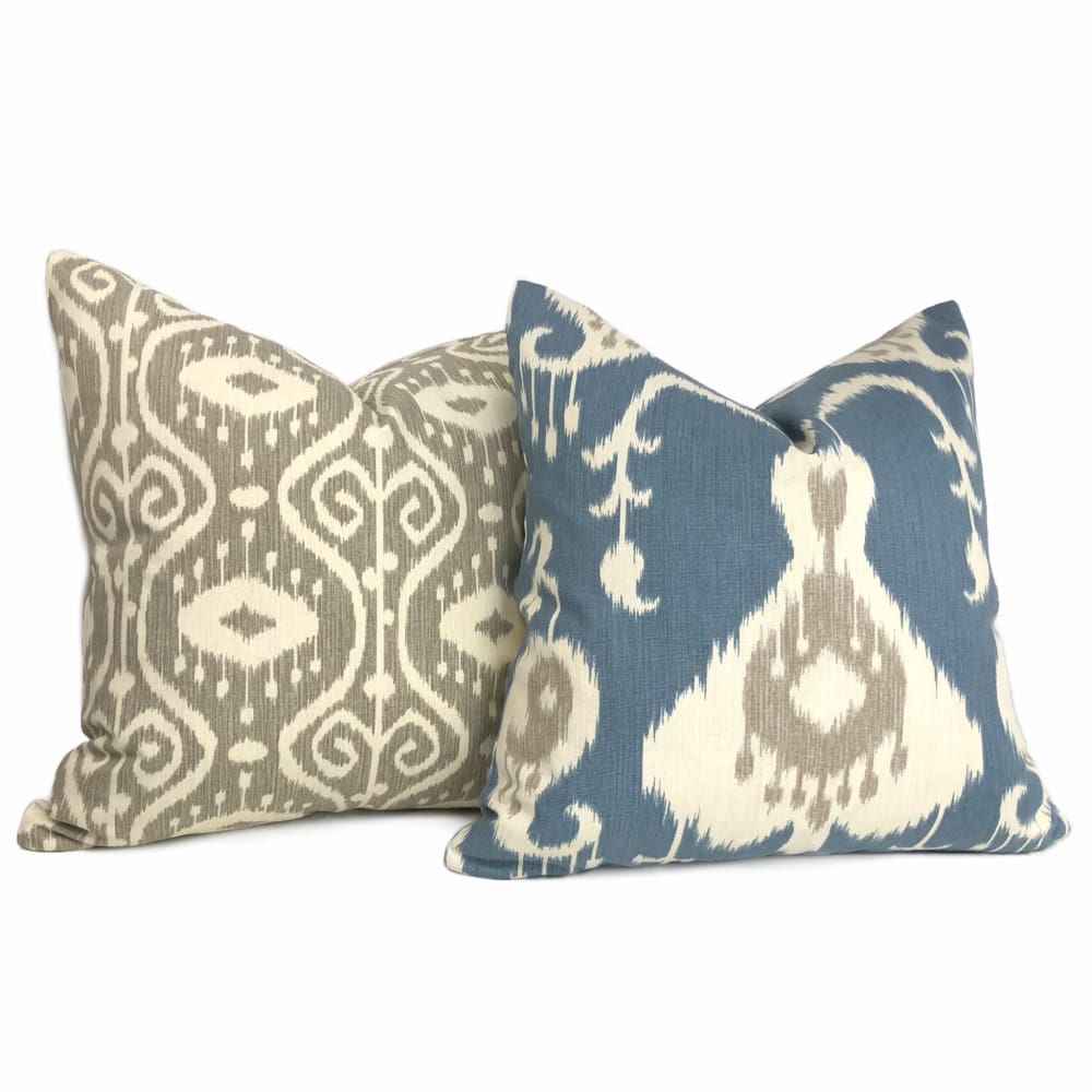 Batam Blue Cream Taupe Ikat Cotton Print Pillow Cover - Aloriam