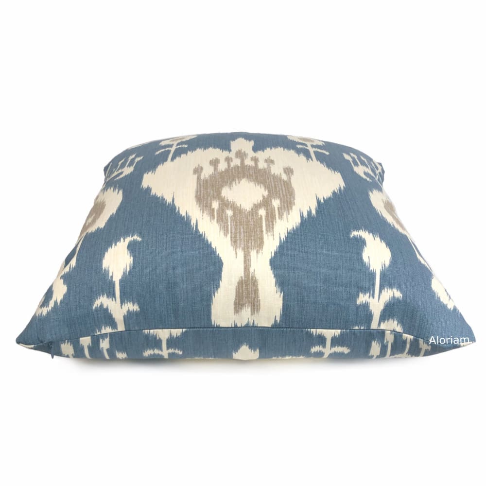 Batam Blue Cream Taupe Ikat Cotton Print Pillow Cover - Aloriam